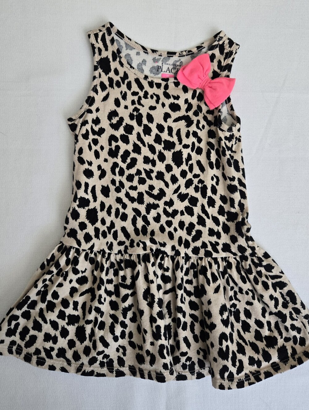The Children's Place Beige and Black Leopard Print Dress with Hot Pink Bow